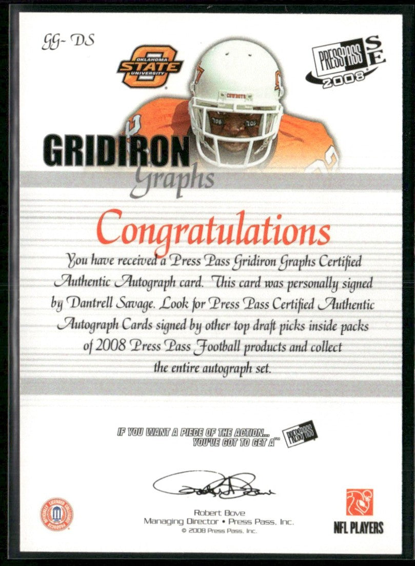 Dantrell Savage 2008 Press Pass SE Gridiron Graphs Gold AUTO #GG-DS