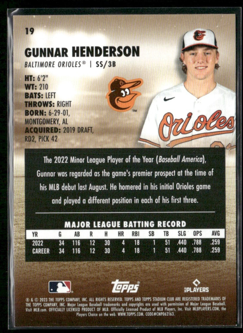 Gunnar Henderson 2023 Topps Stadium Club RC #19 Baltimore Orioles