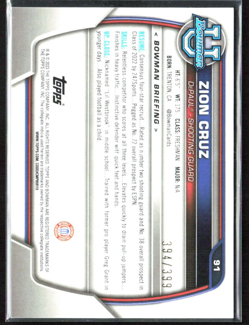Zion Cruz 2022 Bowman University Chrome Purple /399 #91 DePaul Blue Demons