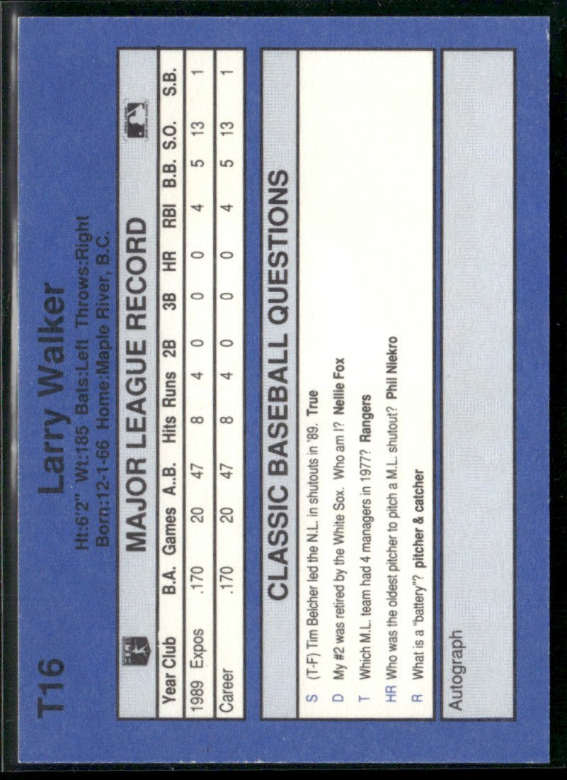 Larry Walker 1990 Classic Update Pink Travel Edition RC #T16 Montreal Expos