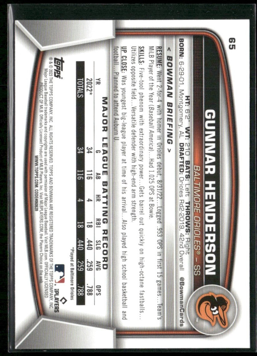 Gunnar Henderson 2023 Bowman RC #65 Baltimore Orioles