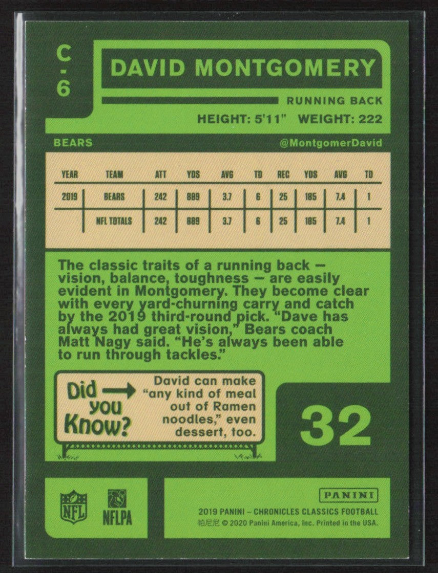 David Montgomery 2019 Panini Chronicles Classics Red RC /199 #C-6 Chicago Bears
