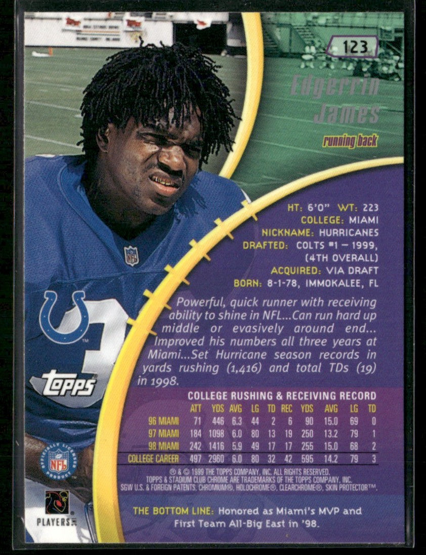 Edgerrin James 1999 Topps Stadium Club Chrome RC #123 Indianapolis Colts