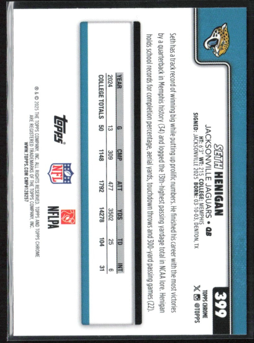 Seth Henigan 2025 Topps Chrome RC #399 Jacksonville Jaguars