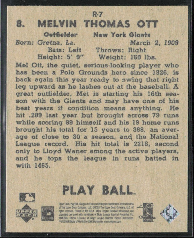 Mel Ott 2003 Upper Deck Play Ball 1941 Reprints #R-7 New York Giants