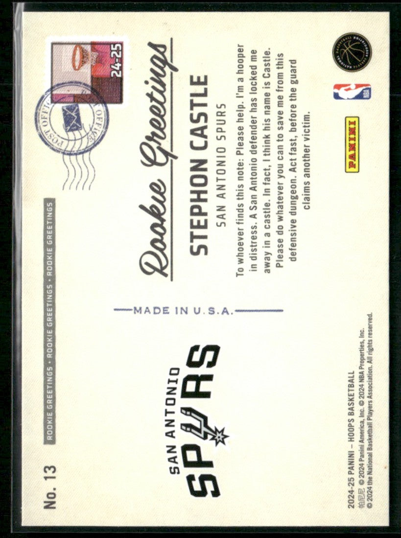 Stephon Castle 2024 NBA Hoops Rookie Greetings RC #13 San Antonio Spurs