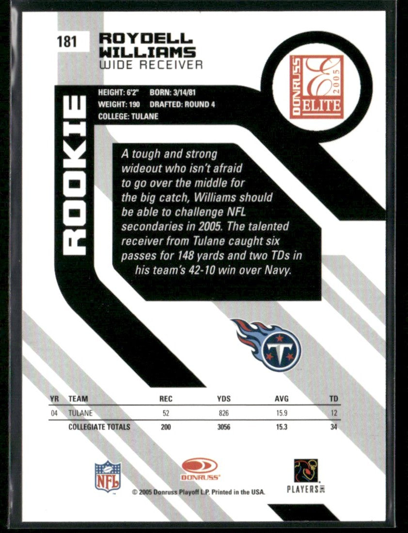 Roydell Williams 2005 Donruss Elite RC /499 #181 Tennessee Titans