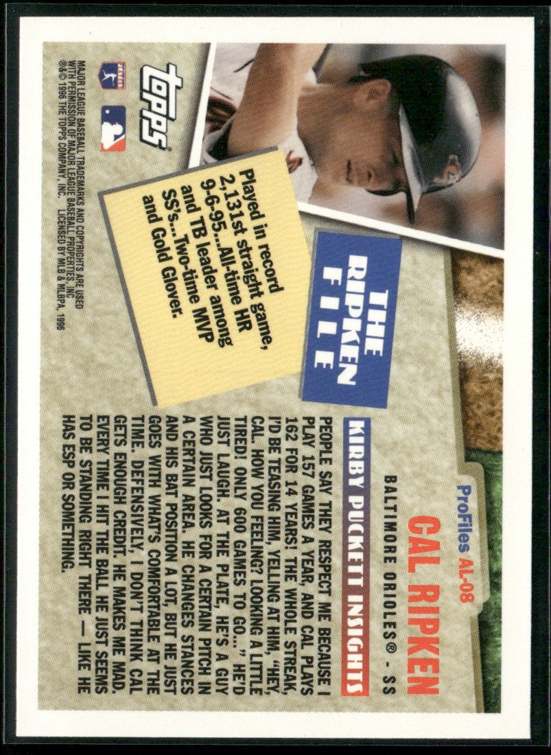 Cal Ripken 1996 Topps Profiles by Kirby Puckett #AL-08 Baltimore Orioles