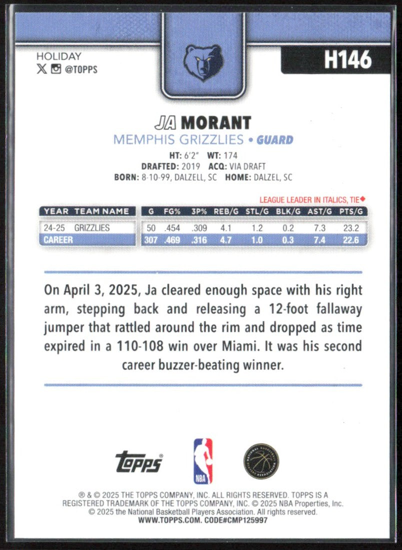 Ja Morant 2025 Topps Holiday Blue Glitter #H146 Memphis Grizzlies