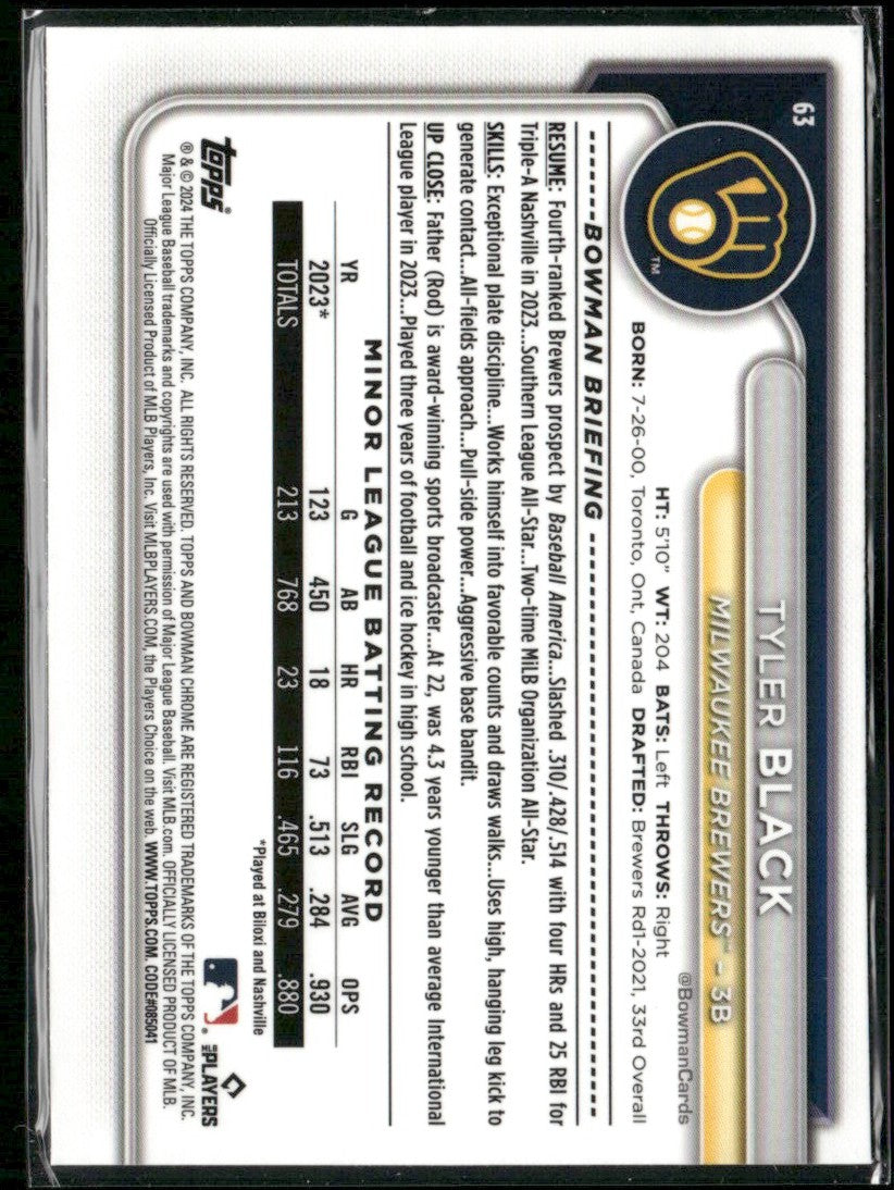 Tyler Black 2024 Bowman Chrome RC #63 Milwaukee Brewers