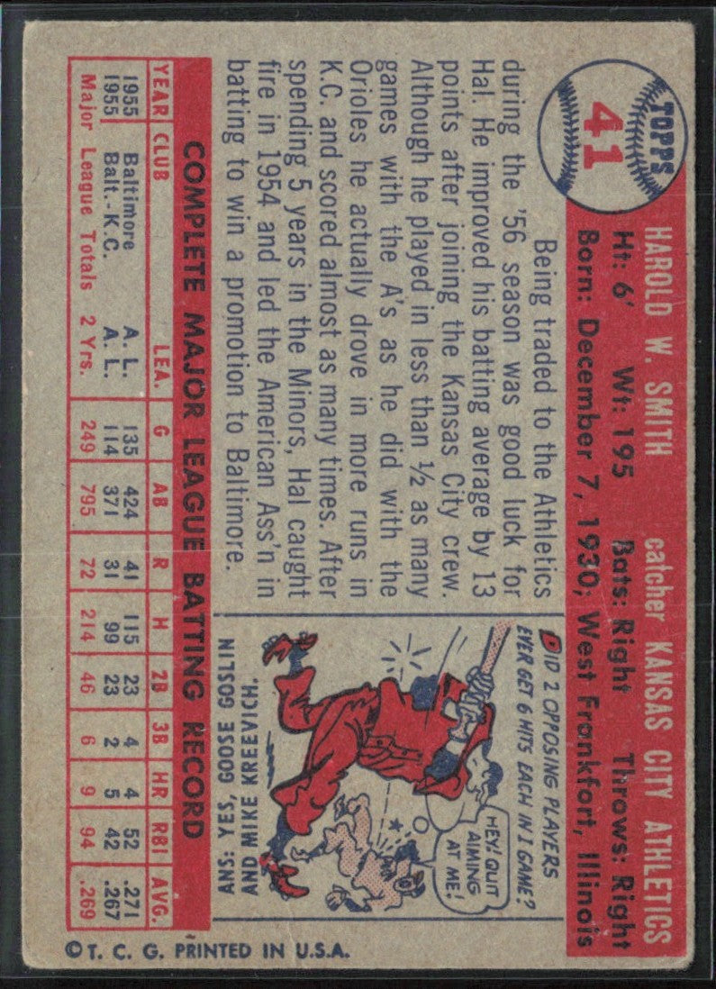 Hal Smith 1957 Topps #41 Kansas City Athletics