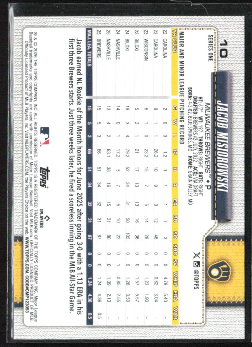 Jacob Misiorowski 2026 Topps RC #10 Milwaukee Brewers