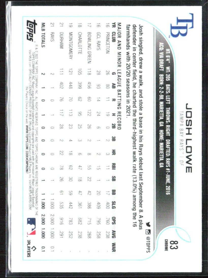 Josh Lowe 2022 Topps Chrome Sepia Refractor RC #83 Tampa Bay Rays