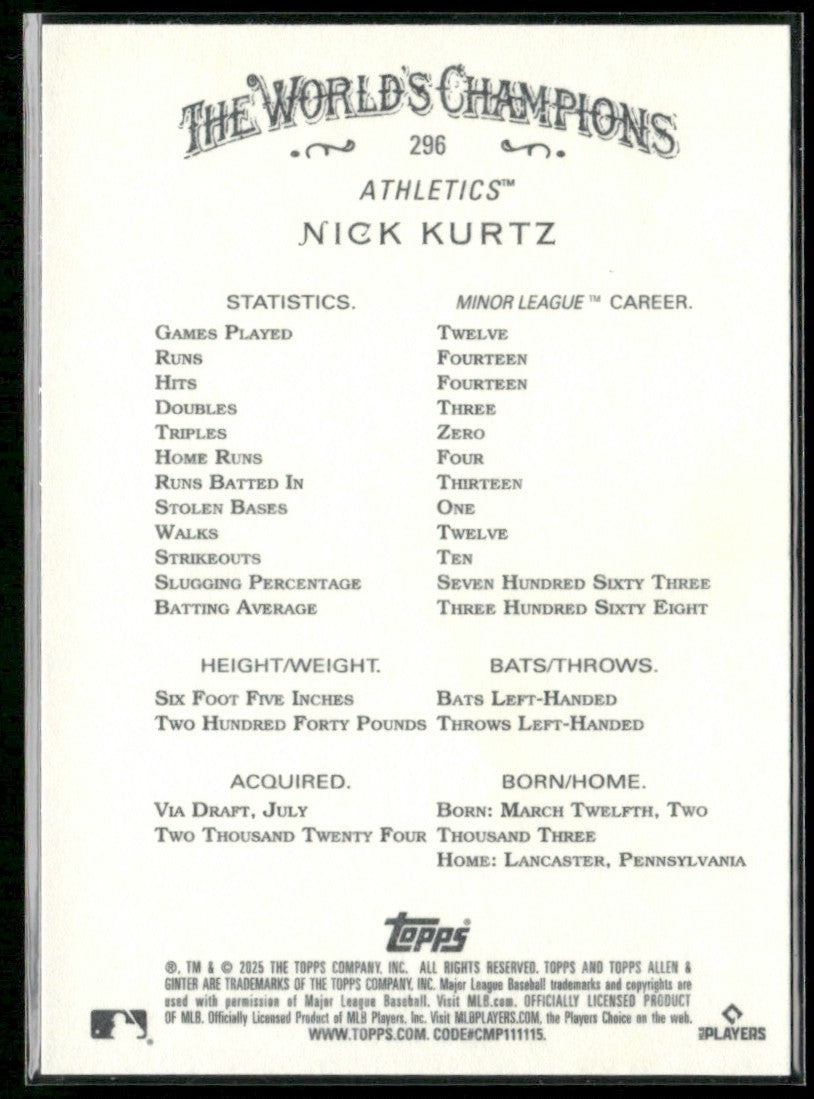 Nick Kurtz 2025 Topps Allen & Ginter RC #296 Athletics