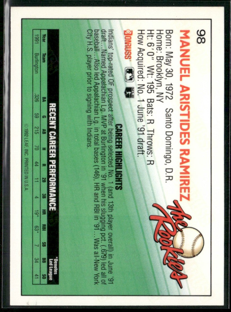 Manny Ramirez 1992 Donruss The Rookies RC #98 Cleveland Indians