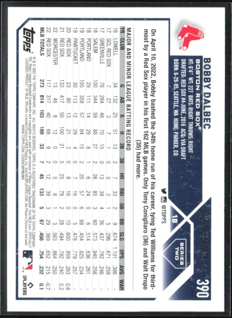 Bobby Dalbec 2023 Topps Blue Holo Foil /999 #390 Boston Red Sox