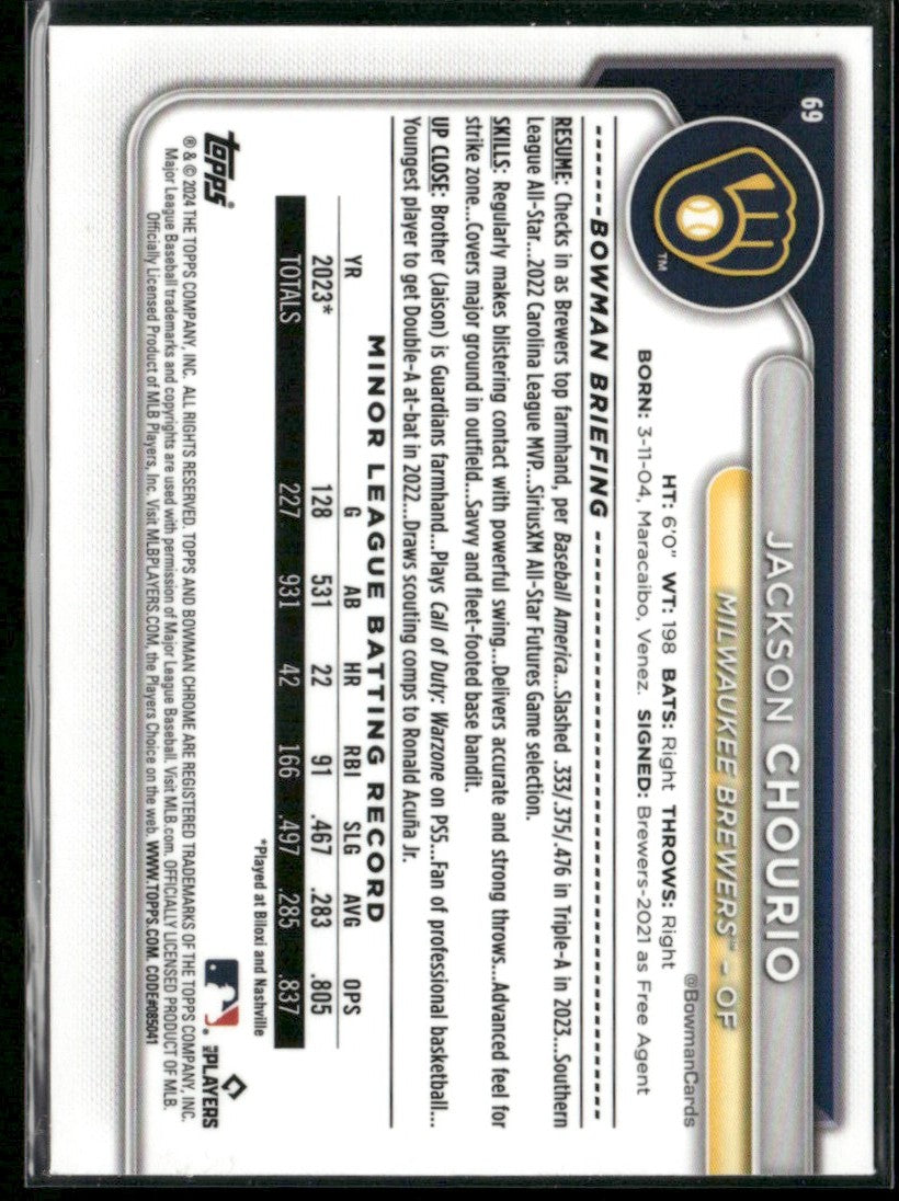 Jackson Chourio 2024 Bowman Chrome RC #69 Milwaukee Brewers