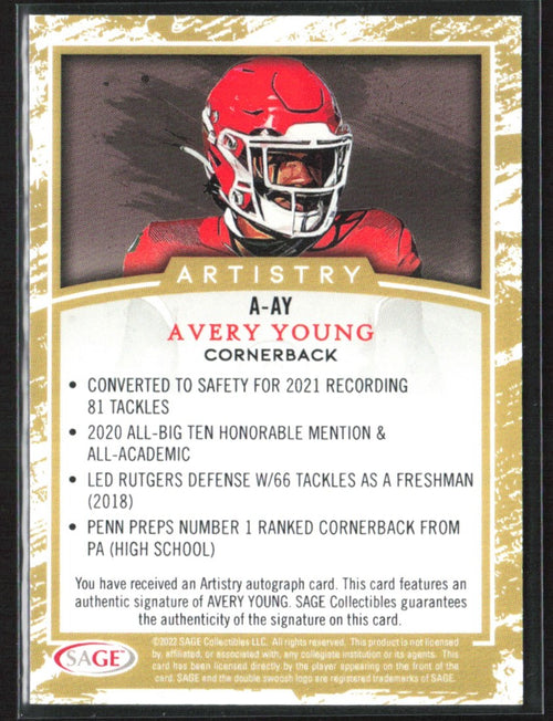 Avery Young 2022 SAGE Artistry AUTO #A-AY Rutgers Scarlet Knights