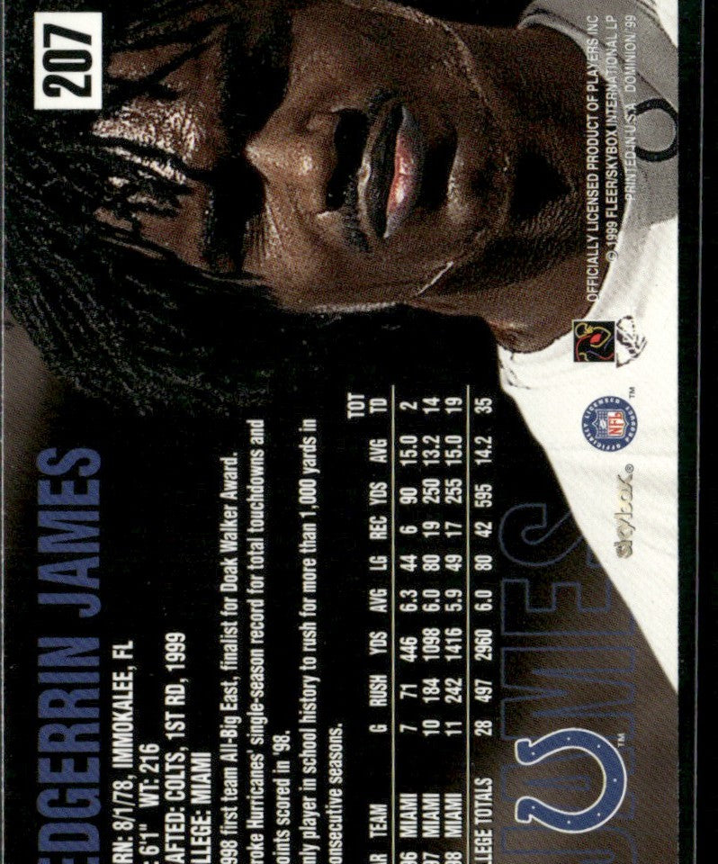 Edgerrin James 1999 Skybox Dominion RC #207 Indianapolis Colts