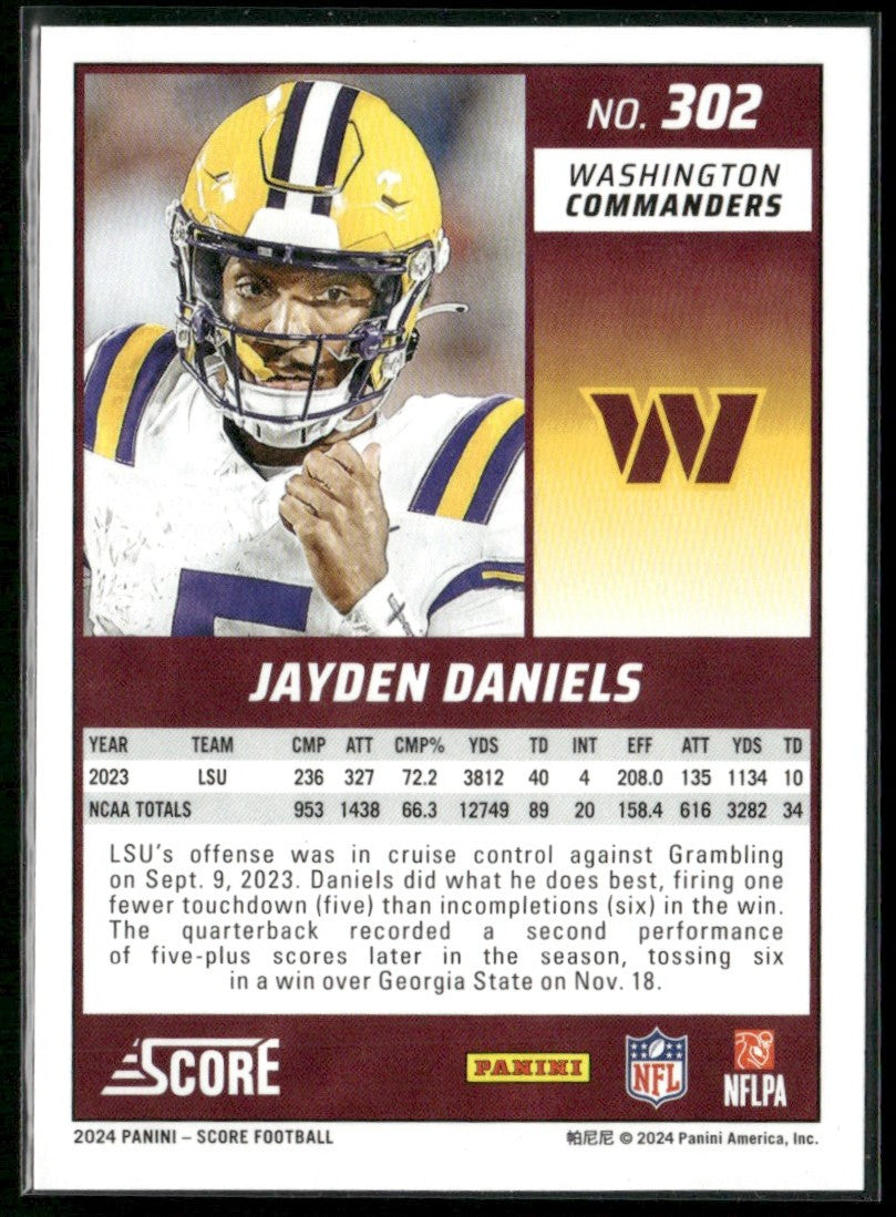 Jayden Daniels 2024 Panini Score RC #302 Washington Commanders