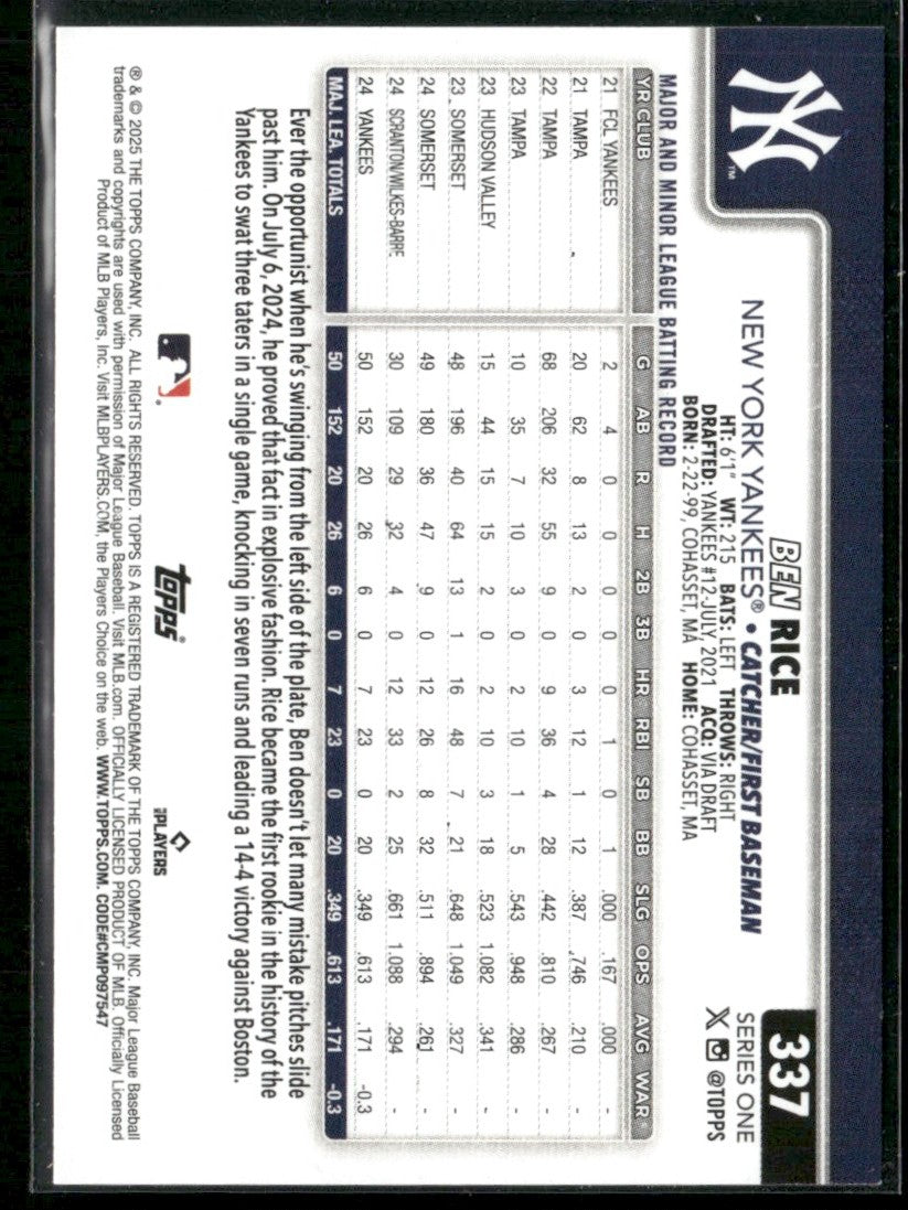 Ben Rice 2025 Topps RC #337 New York Yankees