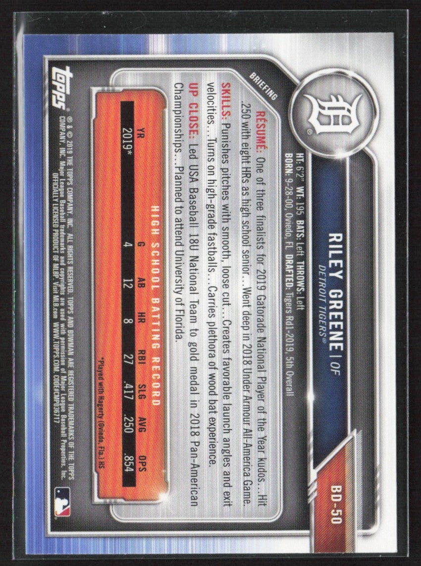 Riley Greene 2019 Bowman Draft 1st #BD-50 Detroit Tigers
