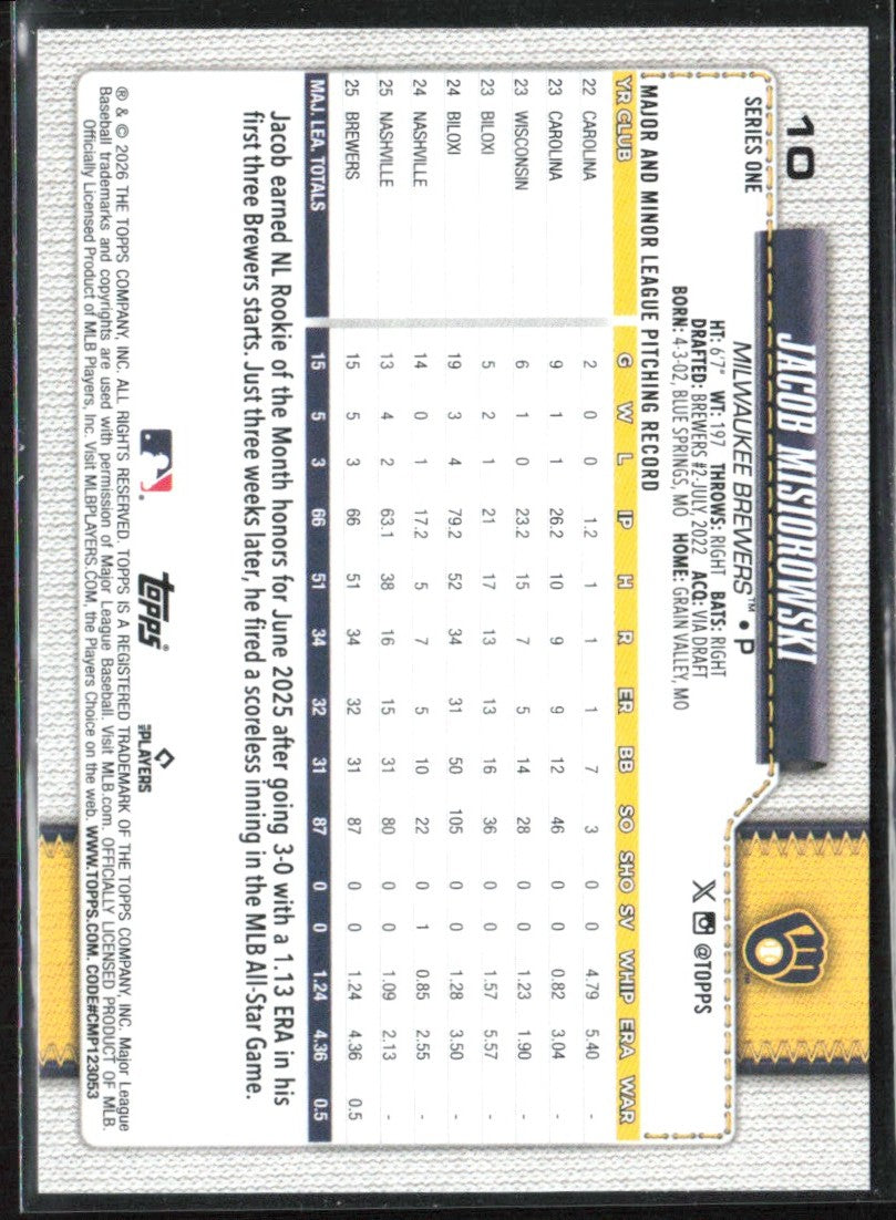 Jacob Misiorowski 2026 Topps RC #10 Milwaukee Brewers