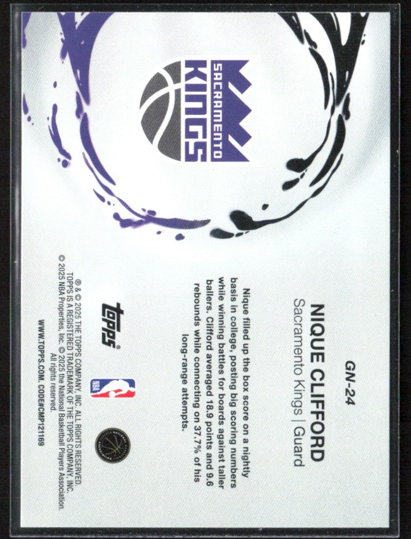 Nique Clifford 2025 Topps Generation Now Holofoil RC #GN-24 Sacramento Kings
