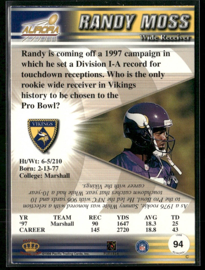 Randy Moss 1998 Pacific Aurora RC #94 Minnesota Vikings