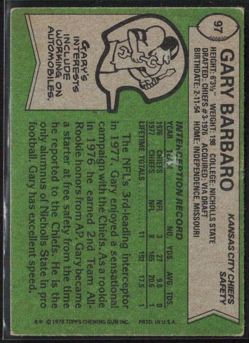 Gary Barbaro 1978 Topps RC #97 Kansas City Chiefs