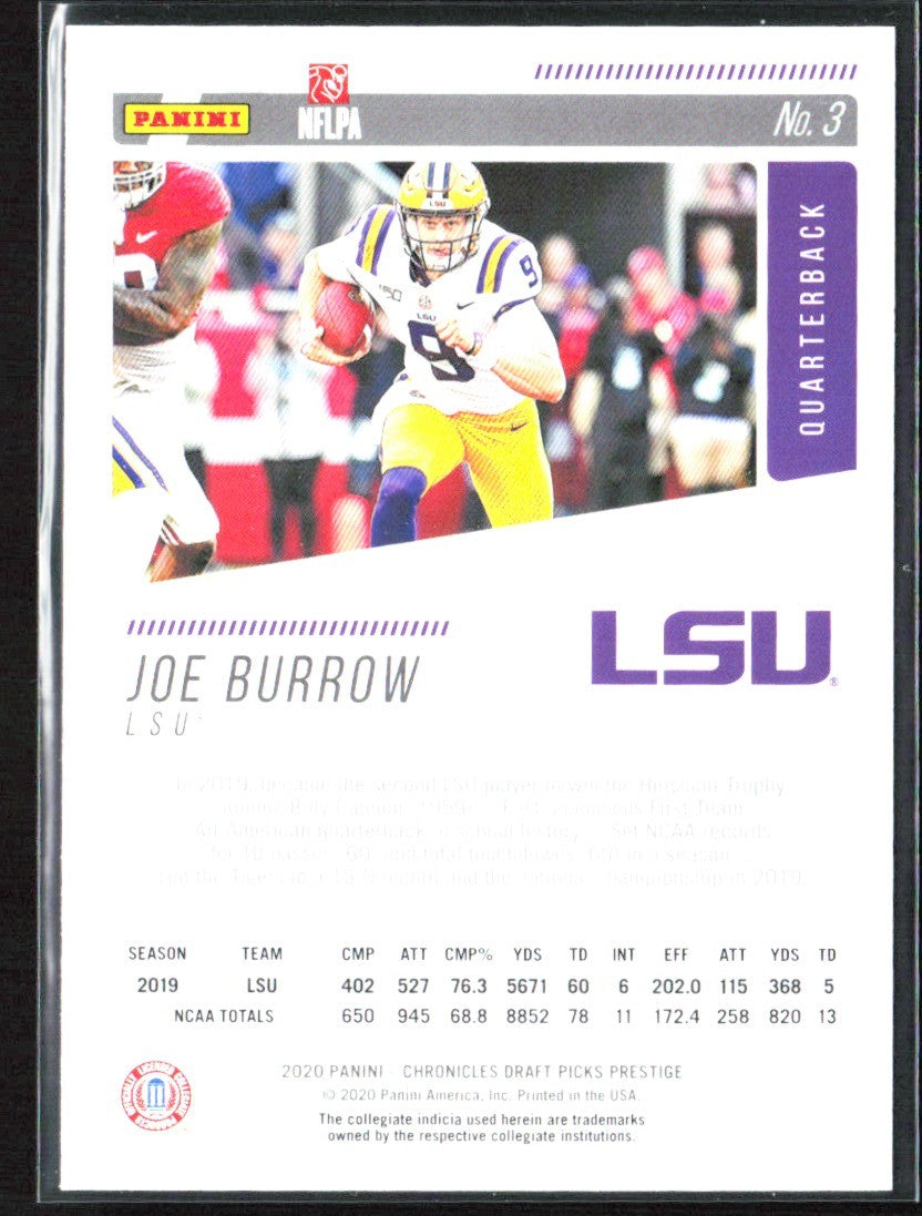 Joe Burrow 2020 Panini Chronicles Draft Picks Prestige RC #3 LSU Tigers