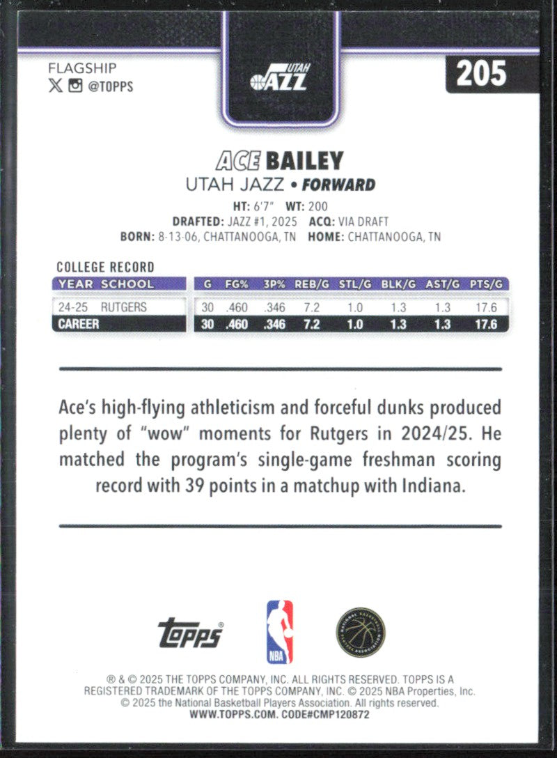 Ace Bailey 2025 Topps RC #205 Utah Jazz