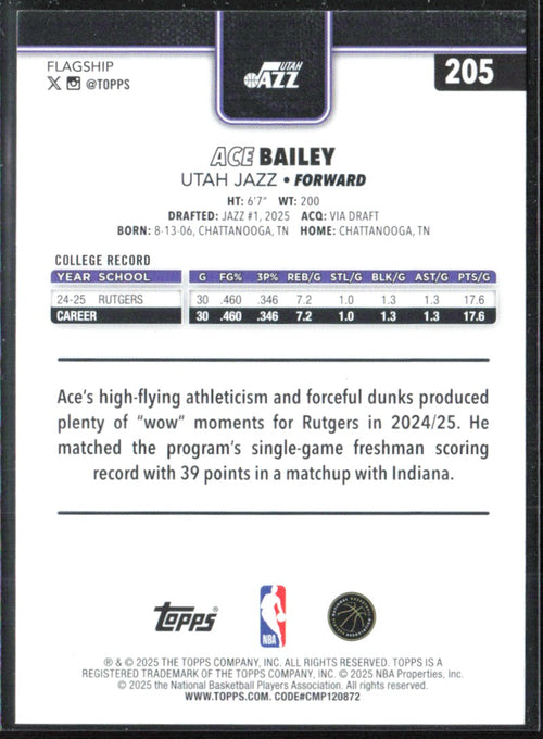 Ace Bailey 2025 Topps RC #205 Utah Jazz