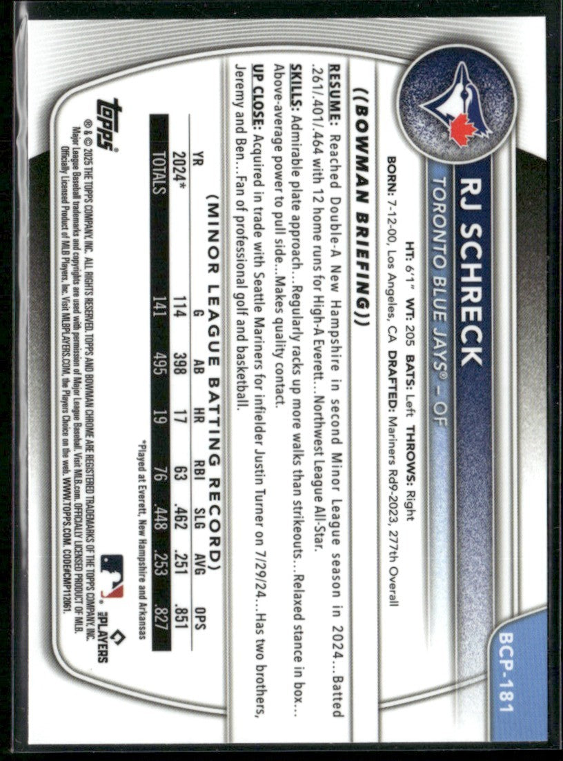 RJ Schreck 2025 Bowman Chrome 1st #BCP-181 Toronto Blue Jays