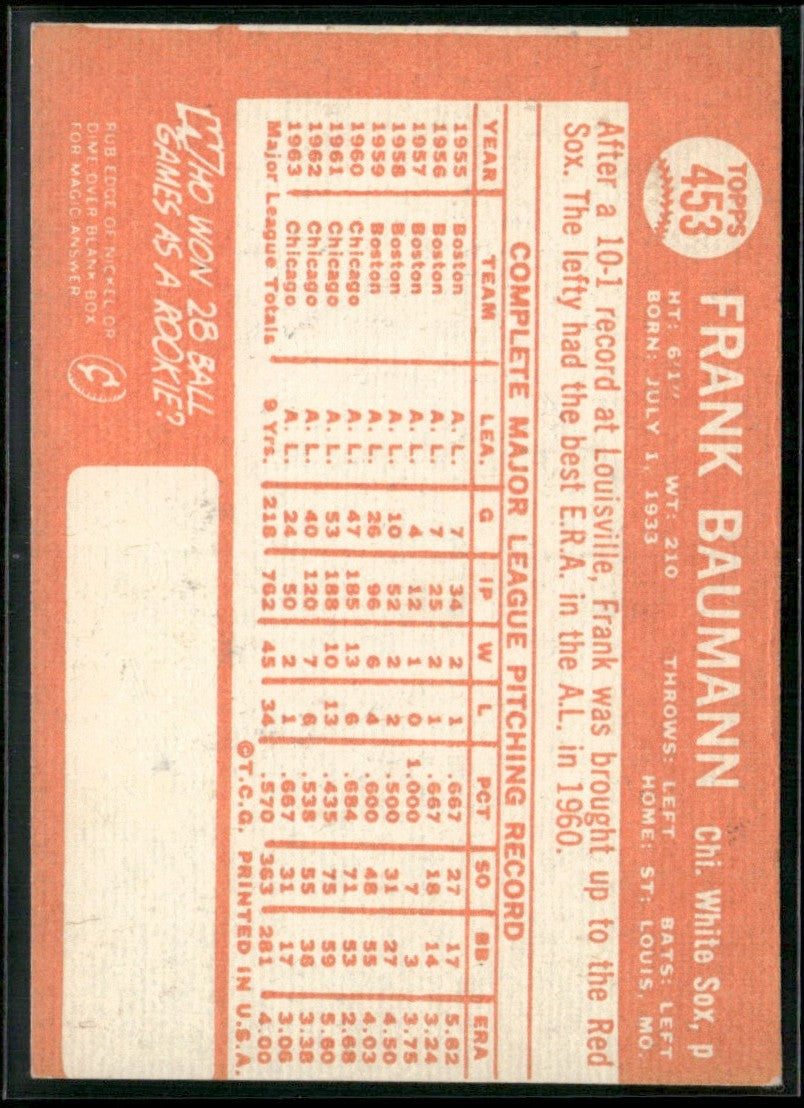 Frank Baumann 1964 Topps #453 Chicago White Sox
