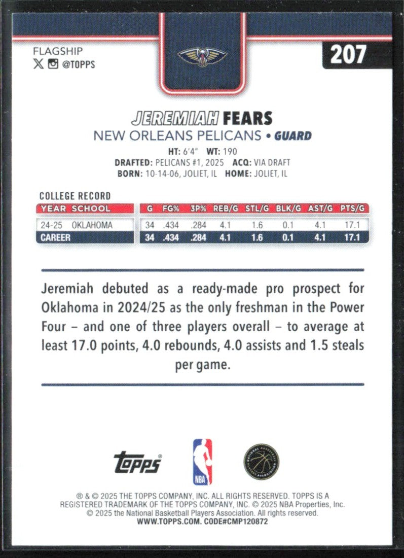 Jeremiah Fears 2025 Topps RC #207 New Orleans Pelicans