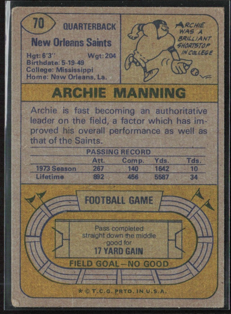Archie Manning 1974 Topps #70 New Orleans Saints