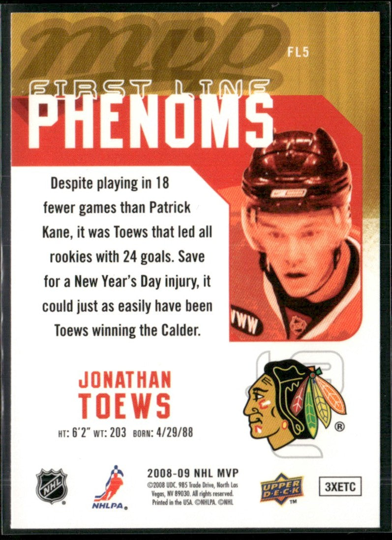 Jonathan Toews 2008 Upper Deck MVP First Line Phenoms #FL5 Chicago Blackhawks