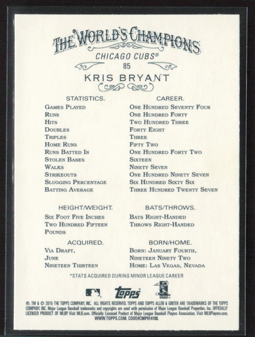 Kris Bryant 2015 Topps Allen & Ginter RC #85 Chicago Cubs
