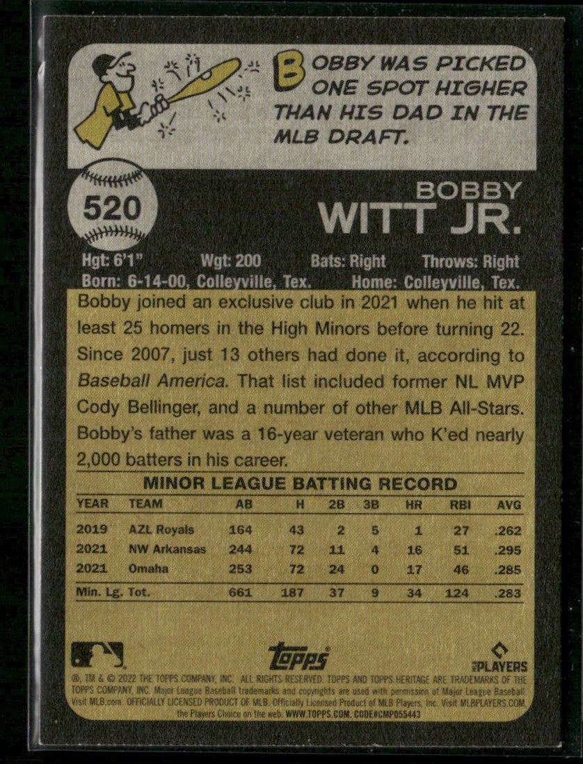 Bobby Witt Jr. 2022 Topps Heritage RC #520 Kansas City Royals