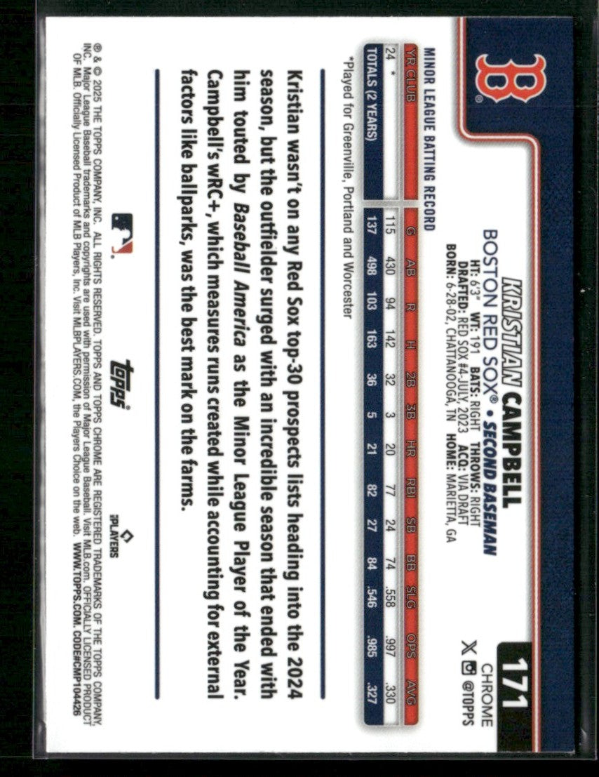 Kristian Campbell 2025 Topps Chrome RC #171 Boston Red Sox