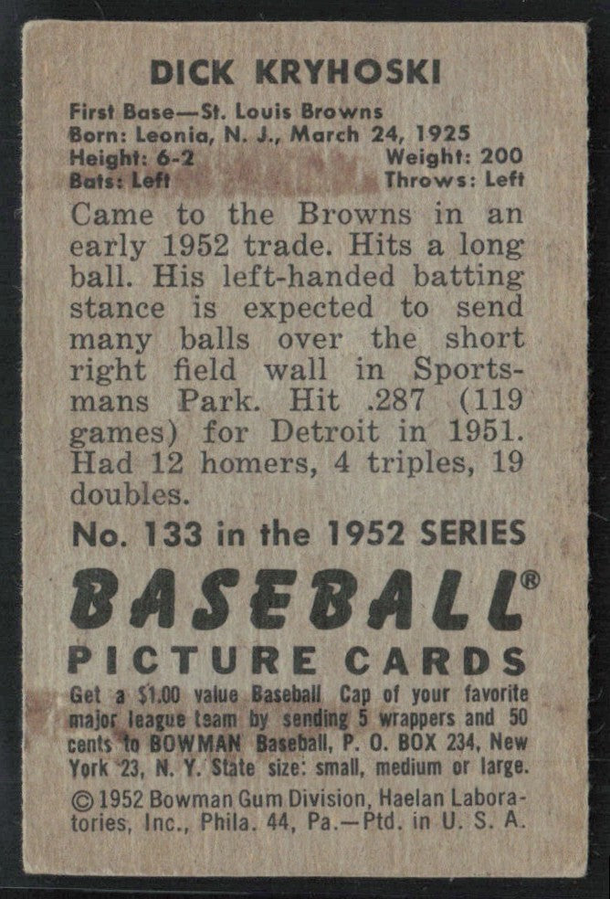 Dick Kryhoski 1952 Bowman #133 St. Louis Browns