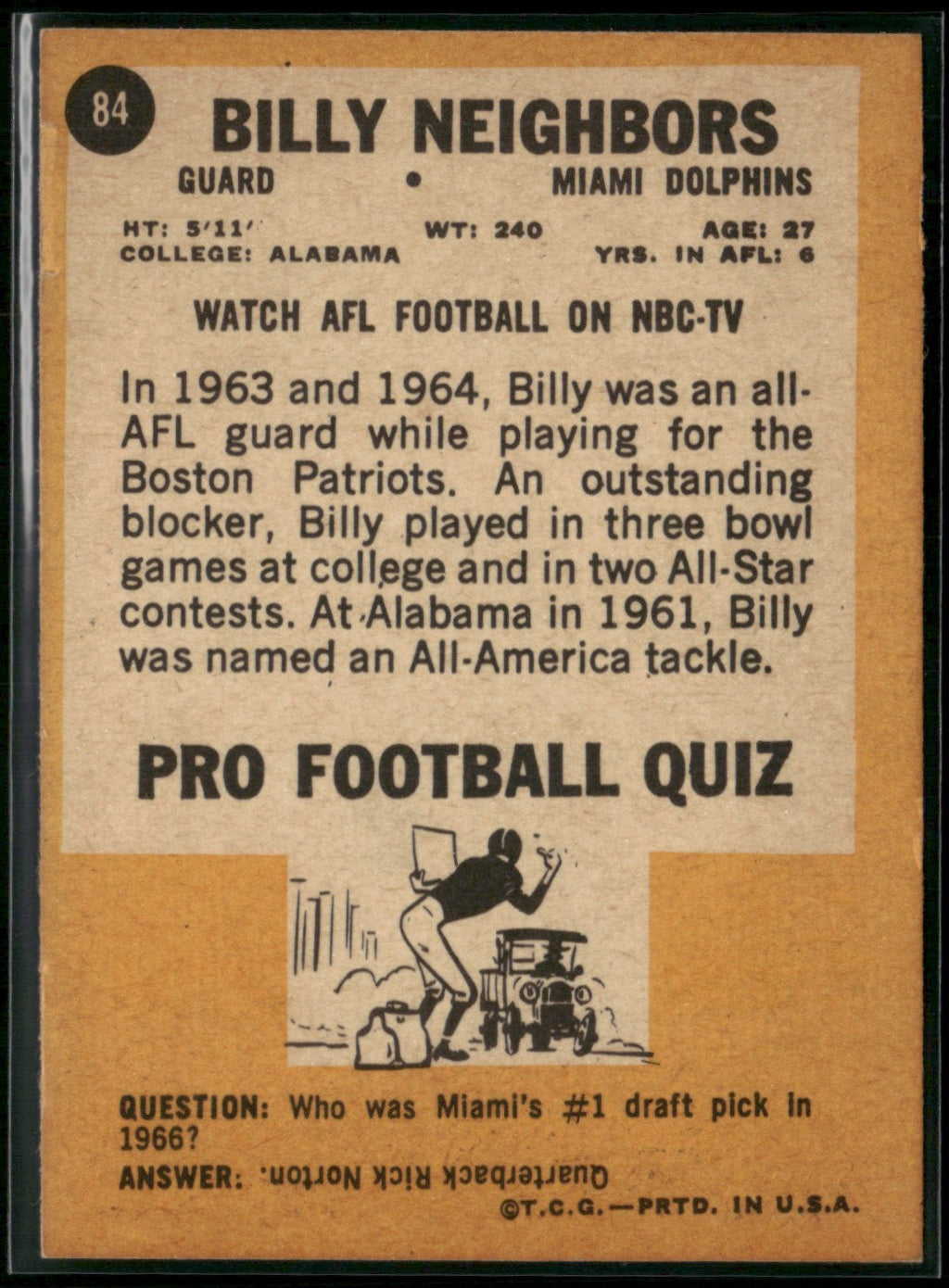 Billy Neighbors 1967 Topps #84 Miami Dolphins