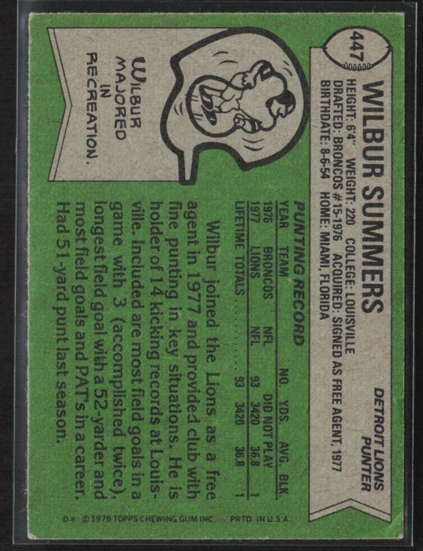 Wilbur Summers 1978 Topps RC #447 Detroit Lions