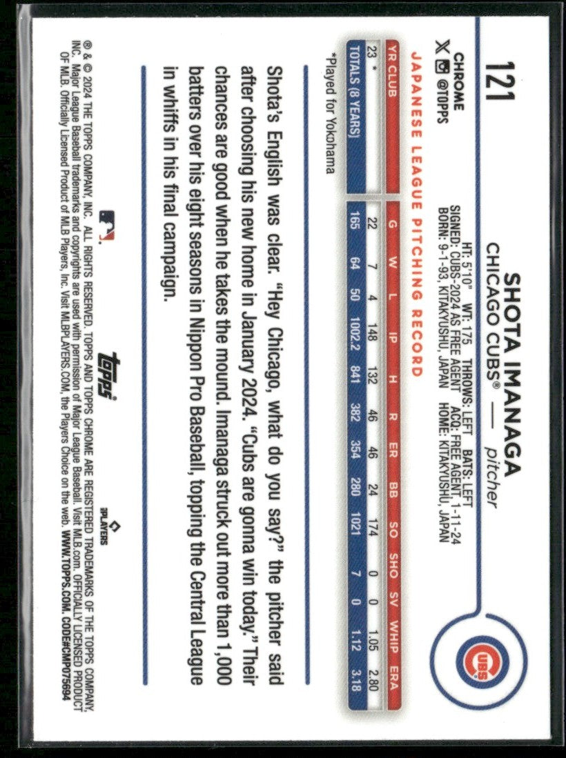 Shota Imanaga 2024 Topps Chrome RC #121 Chicago Cubs