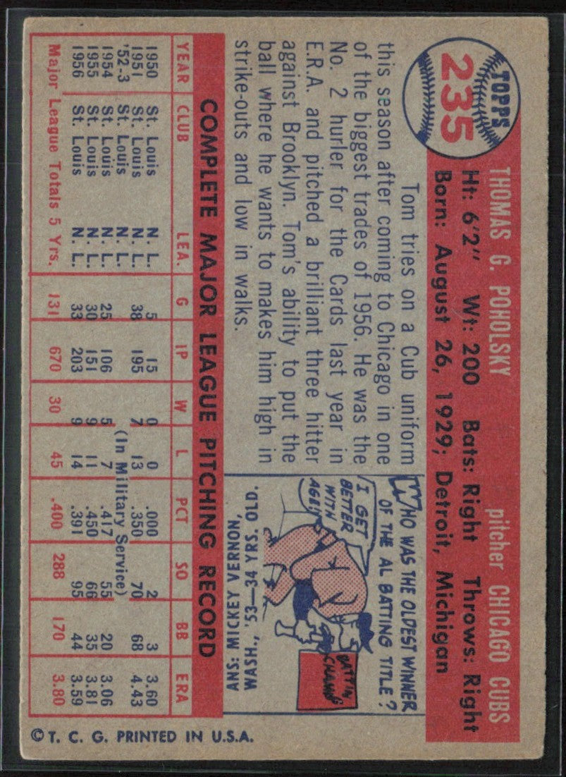 Tom Poholsky 1957 Topps #235 Chicago Cubs