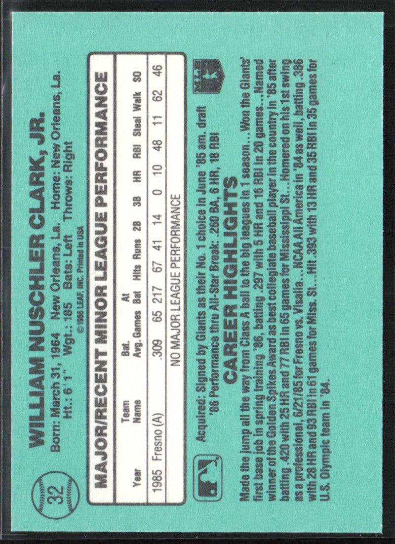 Will Clark 1986 Donruss The Rookies RC #32 San Francisco Giants
