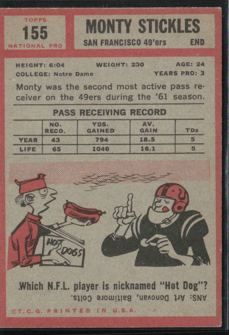Monty Stickles 1962 Topps #155 San Francisco 49ers