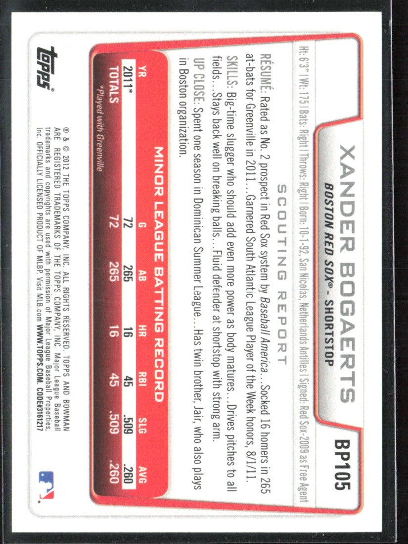 Xander Bogaerts 2012 Bowman Prospects #BP105 Boston Red Sox