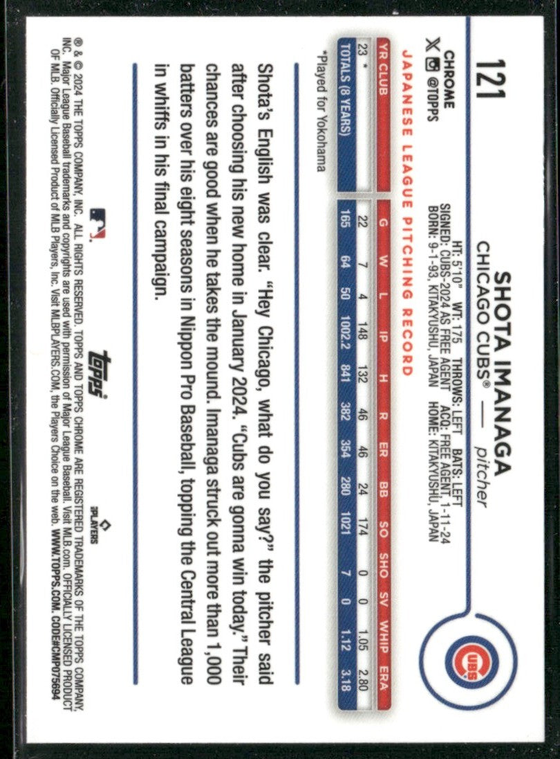 Shota Imanaga 2024 Topps Chrome RC #121 Chicago Cubs